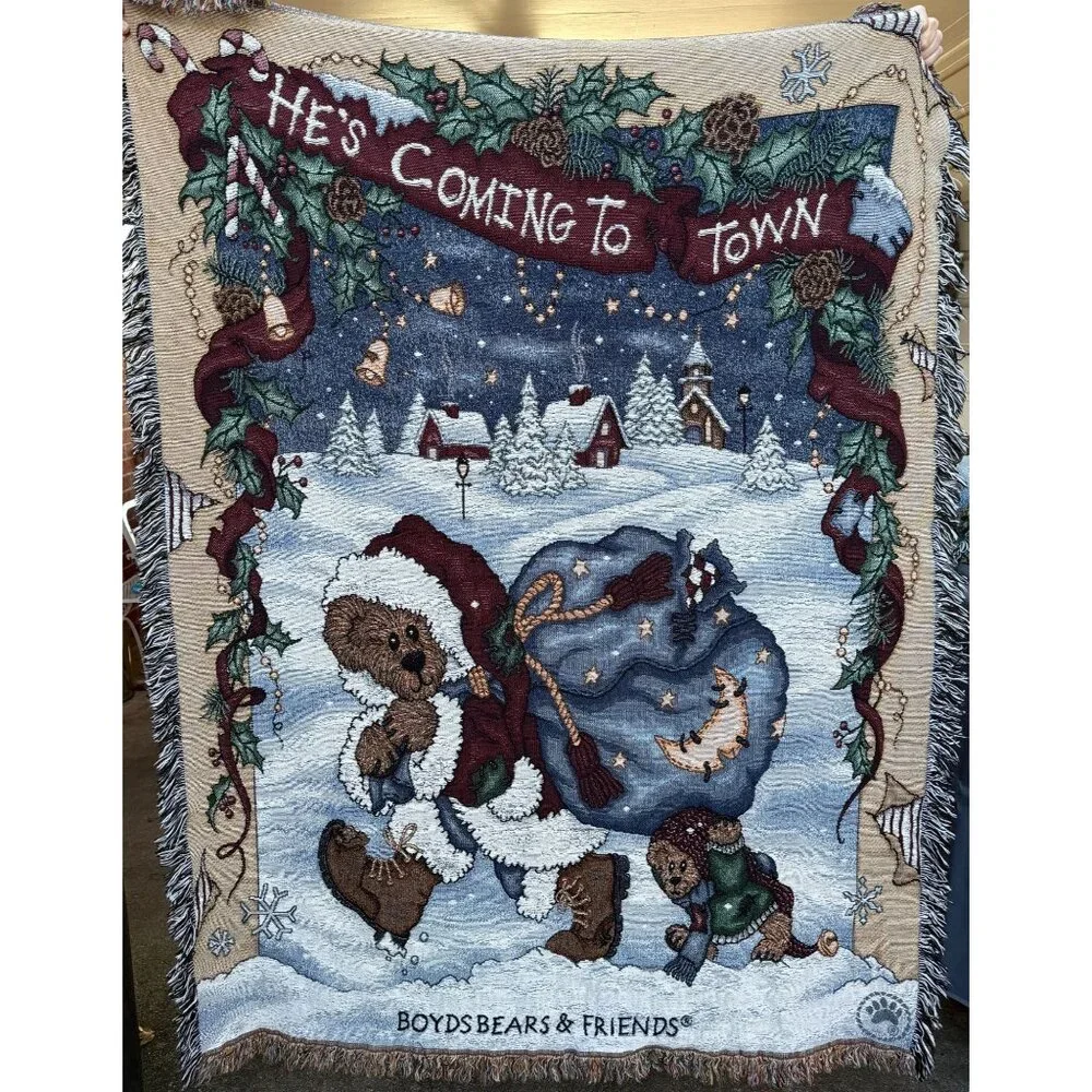 Boyds Bears He's Coming To Town Christmas Tapestry Throw Blanket 72x56